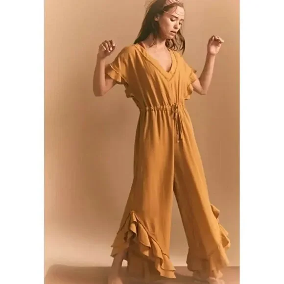 NWT FREE PEOPLE MOVEMENT Sz XS SHELTER ONE PIECE JUMPSUIT RUFFLE JUMPER GOLD - Picture 2 of 4